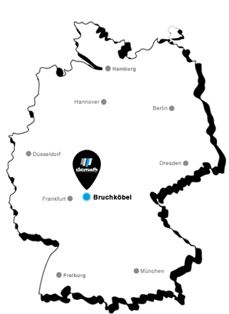 Deutschlandkarte auf der die Firma Demuth Kühlhaussysteme in Bruchköbel, in der Nähe von Frankfurt, eingezeichnet ist.